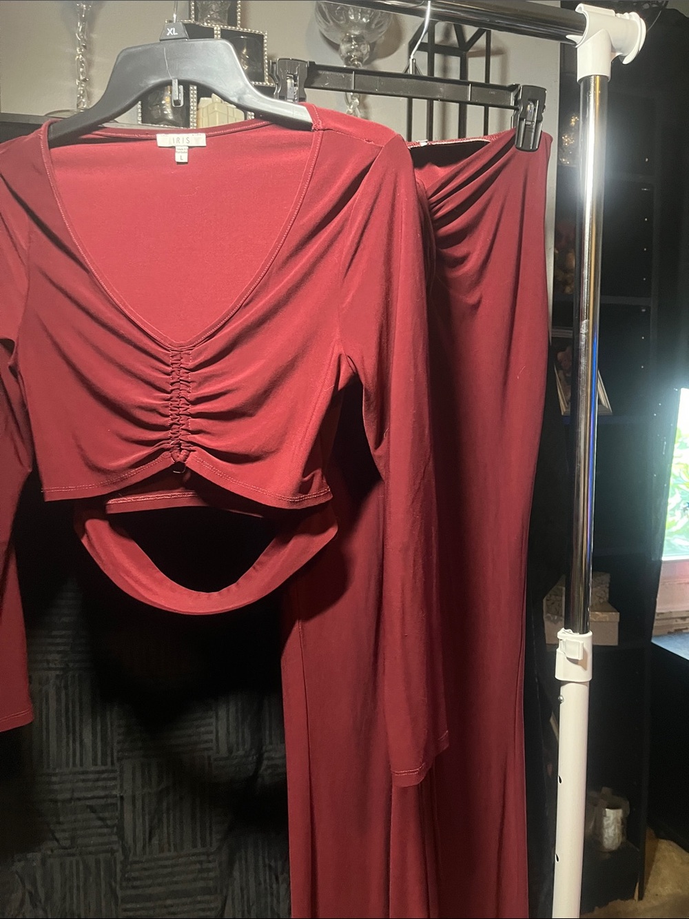 iris Burgundy Long Sleeve Ruched Cutout Crop Top w/ Matching Flowy Pants